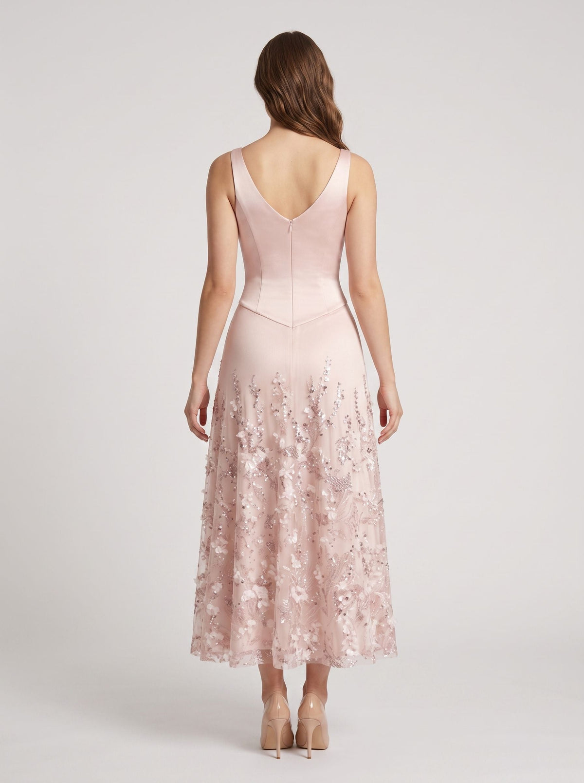 Petal Satin A-Line V-Neck Back Zip Midi Dress with 3D Flowers - Curvevia