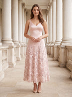 Petal Satin A-Line V-Neck Back Zip Midi Dress with 3D Flowers - Curvevia