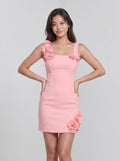 Petal Stretch Knit Column Square Neck Back Zip Short Dress with 3D Flowers - Curvevia