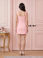 Petal Stretch Knit Column Square Neck Back Zip Short Dress with 3D Flowers - Curvevia