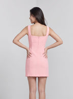Petal Stretch Knit Column Square Neck Back Zip Short Dress with 3D Flowers - Curvevia