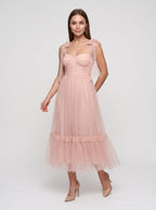 Blushing Pink Tulle A-Line Sweetheart Back Zip Ankle-Length Dress with Tie-Shoulders - Curvevia