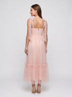 Blushing Pink Tulle A-Line Sweetheart Back Zip Ankle-Length Dress with Tie-Shoulders - Curvevia