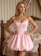Petal Satin A-Line V-Neck Corset Back Short Dress with Pearl Draping - Curvevia