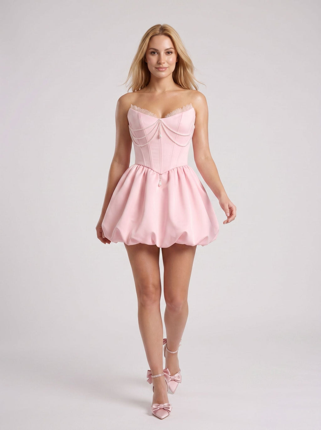 Petal Satin A-Line V-Neck Corset Back Short Dress with Pearl Draping - Curvevia