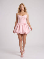Petal Satin A-Line V-Neck Corset Back Short Dress with Pearl Draping - Curvevia