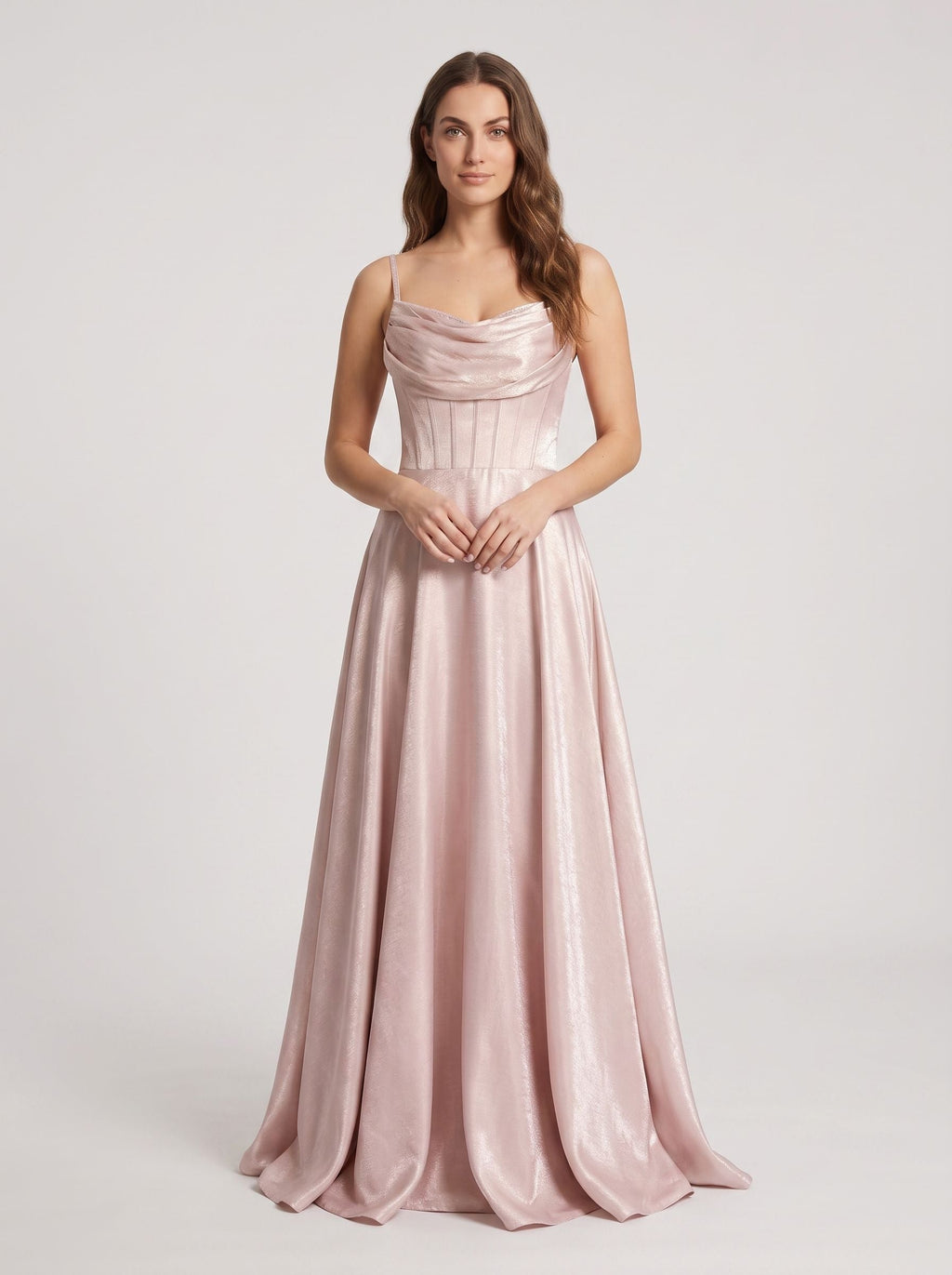 Blushing Pink Satin A-Line Cowl Neck Back Zip Floor-Length Dress with Pleated Bodice - Curvevia