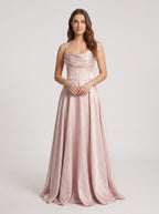 Blushing Pink Satin A-Line Cowl Neck Back Zip Floor-Length Dress with Pleated Bodice - Curvevia