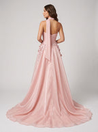 Petal Satin A-Line Sweetheart Back Zip Floor-Length Dress with 3D Florals - Curvevia