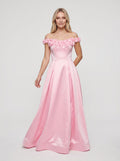 Petal Satin A-Line Off-the-Shoulder Back Zip Floor-Length Dress with 3D Floral Appliques - Curvevia