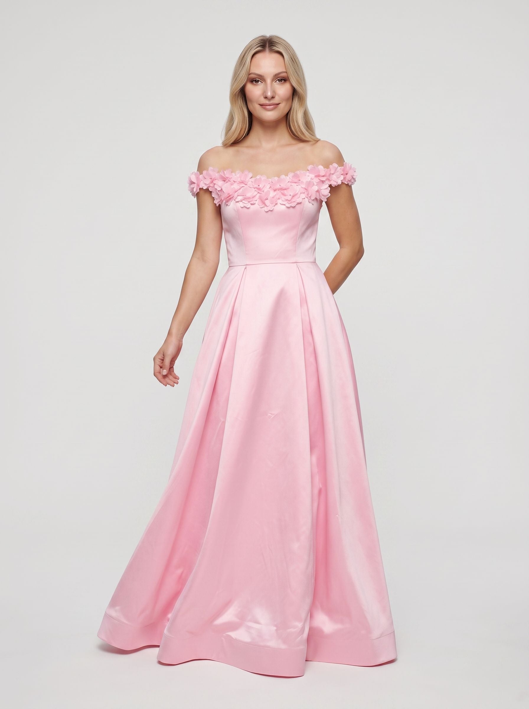 Petal Satin A-Line Off-the-Shoulder Back Zip Floor-Length Dress with 3D Floral Appliques - Curvevia