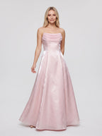 Petal Satin A-Line Straight Neck Backless Floor-Length Dress with Pleated Bodice - Curvevia