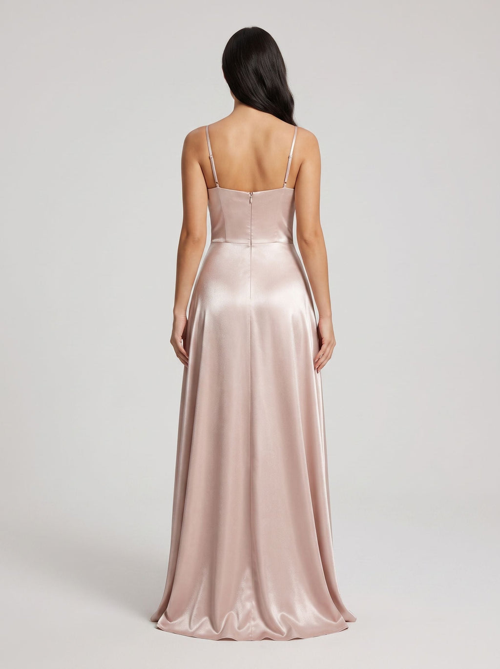 Blushing Pink Satin A-Line Cowl Neck Back Zip Floor-Length Dress with Pleated Bodice - Curvevia