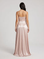 Blushing Pink Satin A-Line Cowl Neck Back Zip Floor-Length Dress with Pleated Bodice - Curvevia