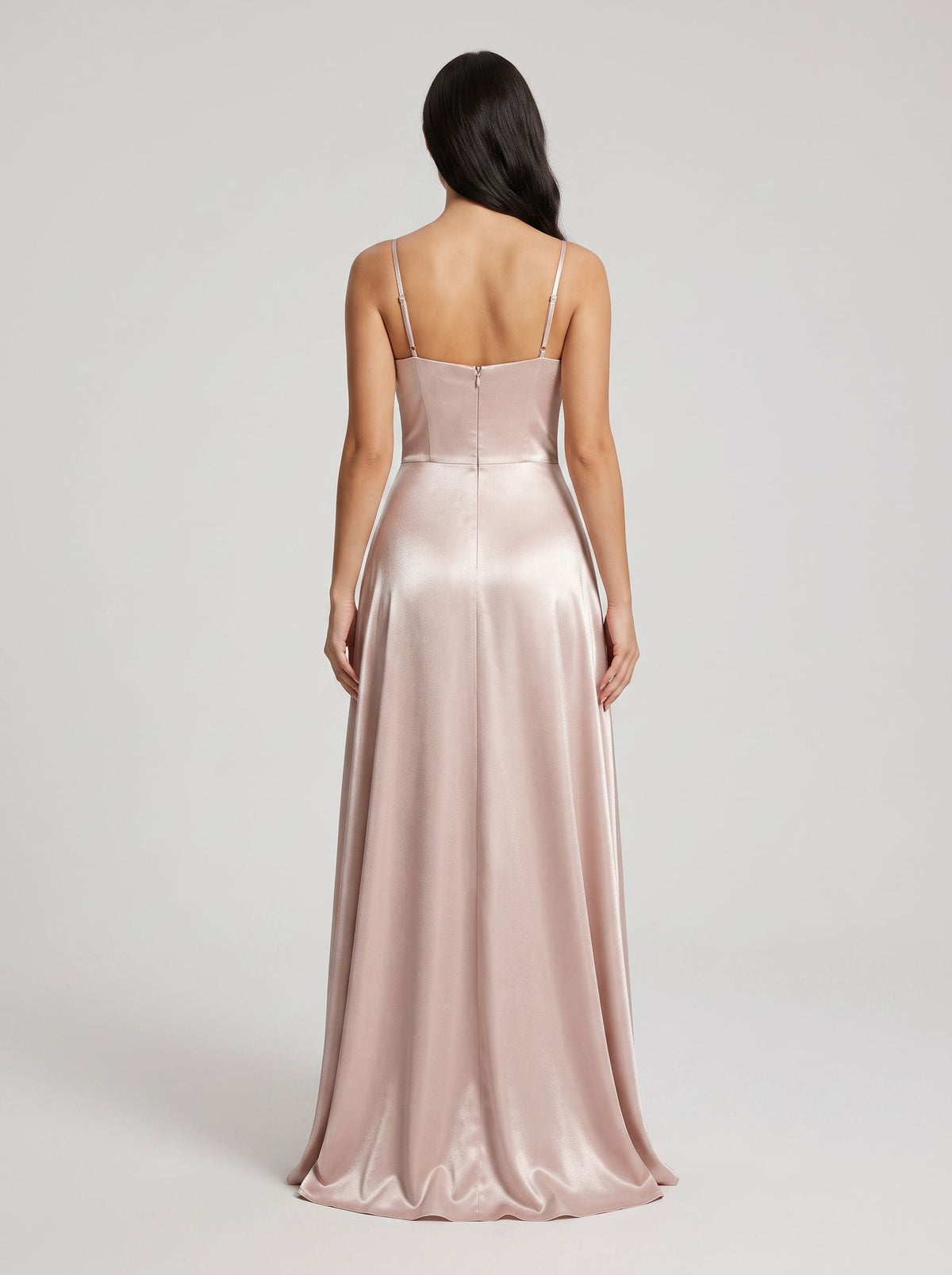 Blushing Pink Satin A-Line Cowl Neck Back Zip Floor-Length Dress with Pleated Bodice - Curvevia