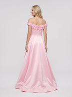 Petal Satin A-Line Off-the-Shoulder Back Zip Floor-Length Dress with 3D Floral Appliques - Curvevia