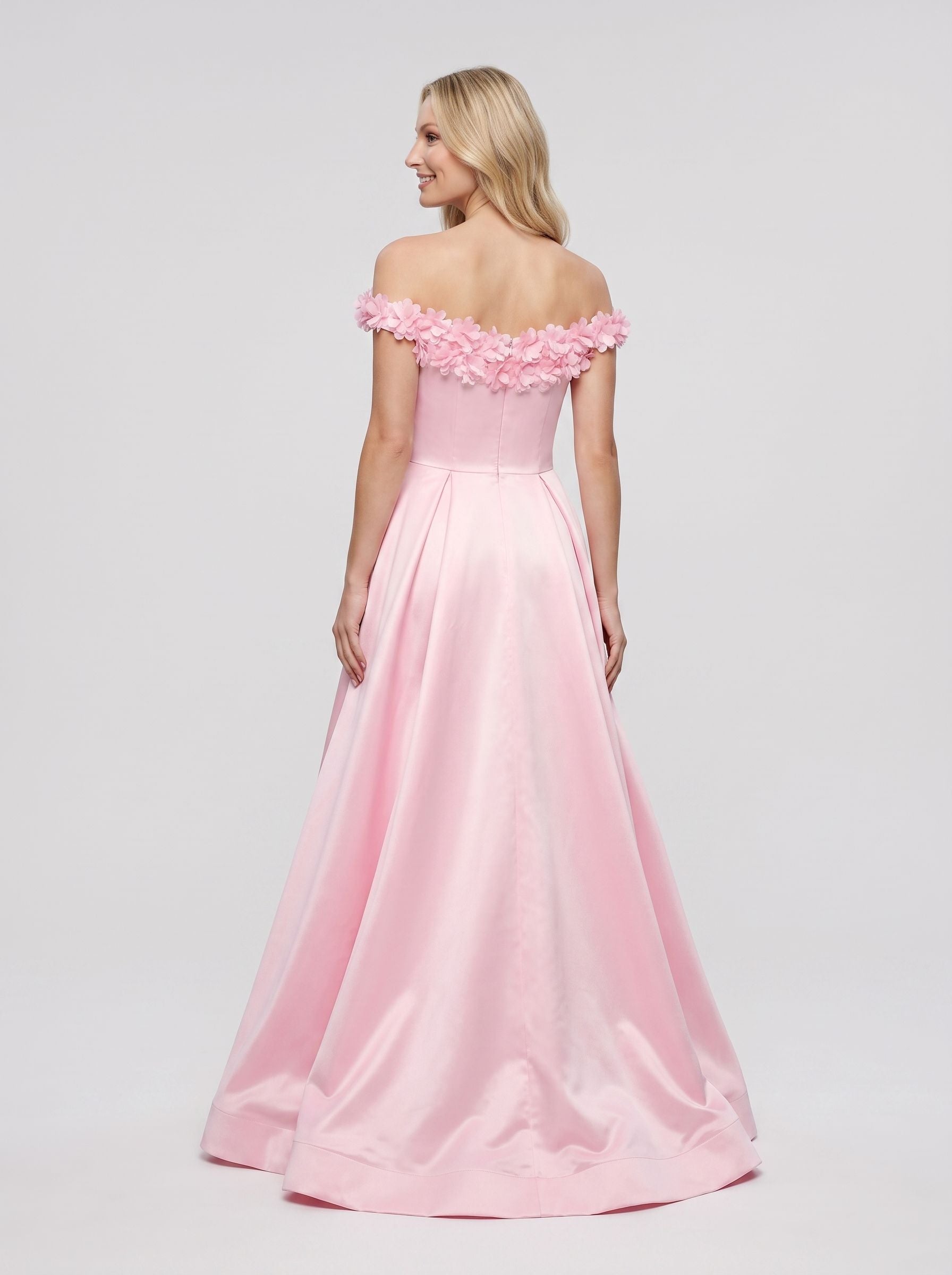 Petal Satin A-Line Off-the-Shoulder Back Zip Floor-Length Dress with 3D Floral Appliques - Curvevia