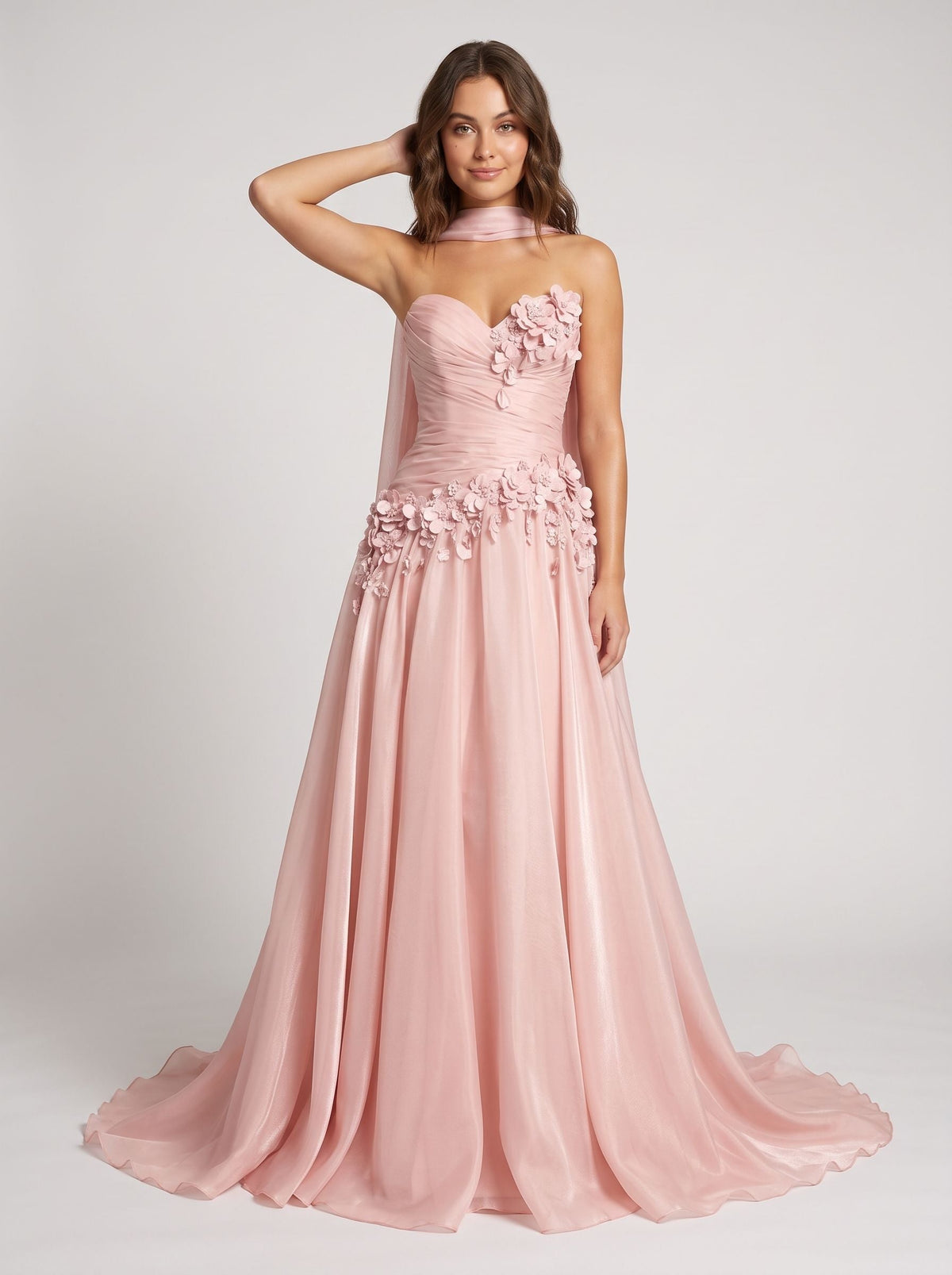 Petal Satin A-Line Sweetheart Back Zip Floor-Length Dress with 3D Florals - Curvevia