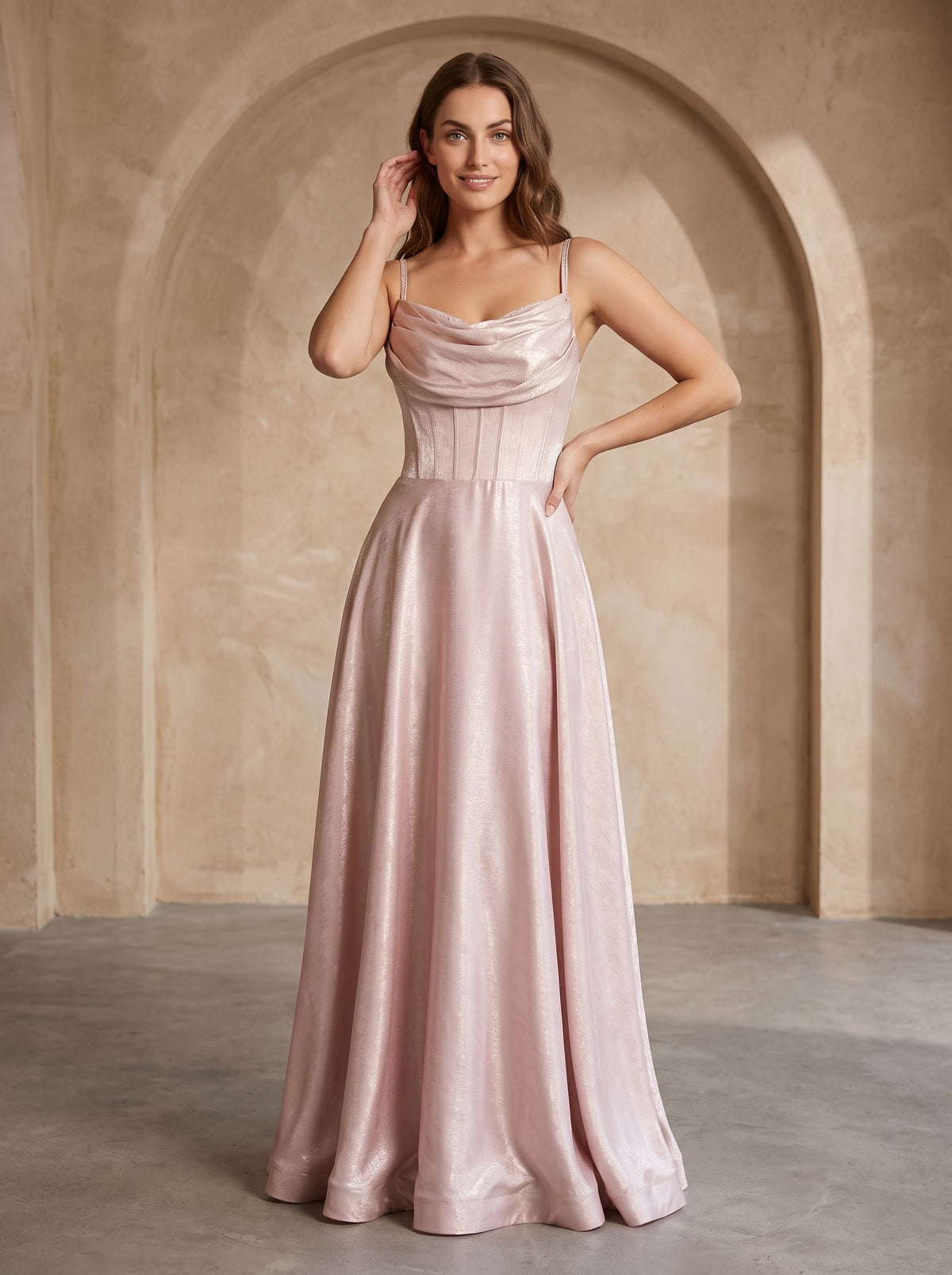 Blushing Pink Satin A-Line Cowl Neck Back Zip Floor-Length Dress with Pleated Bodice - Curvevia