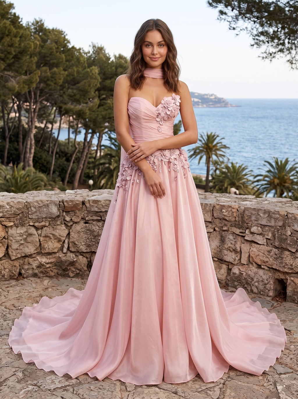Petal Satin A-Line Sweetheart Back Zip Floor-Length Dress with 3D Florals - Curvevia