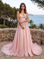 Petal Satin A-Line Sweetheart Back Zip Floor-Length Dress with 3D Florals - Curvevia