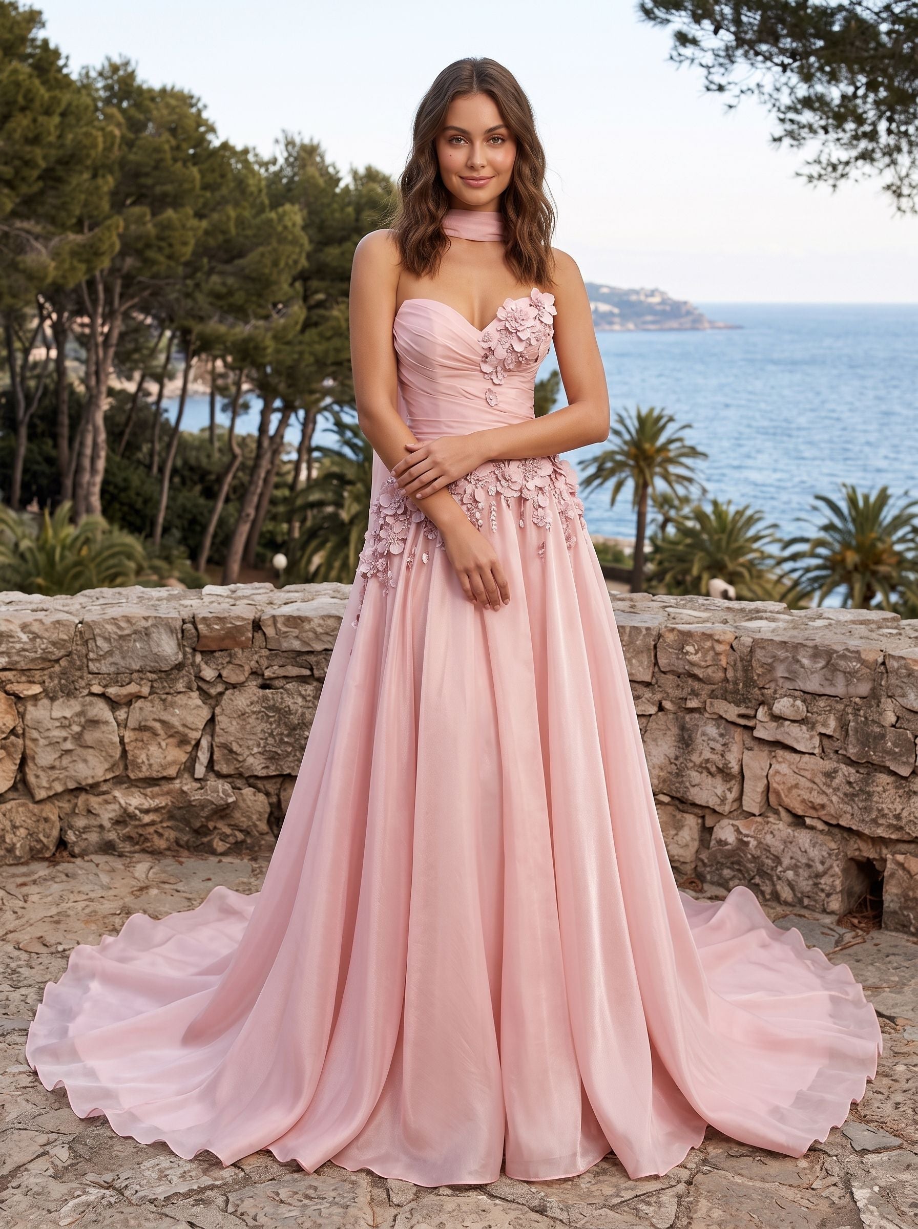 Petal Satin A-Line Sweetheart Back Zip Floor-Length Dress with 3D Florals - Curvevia