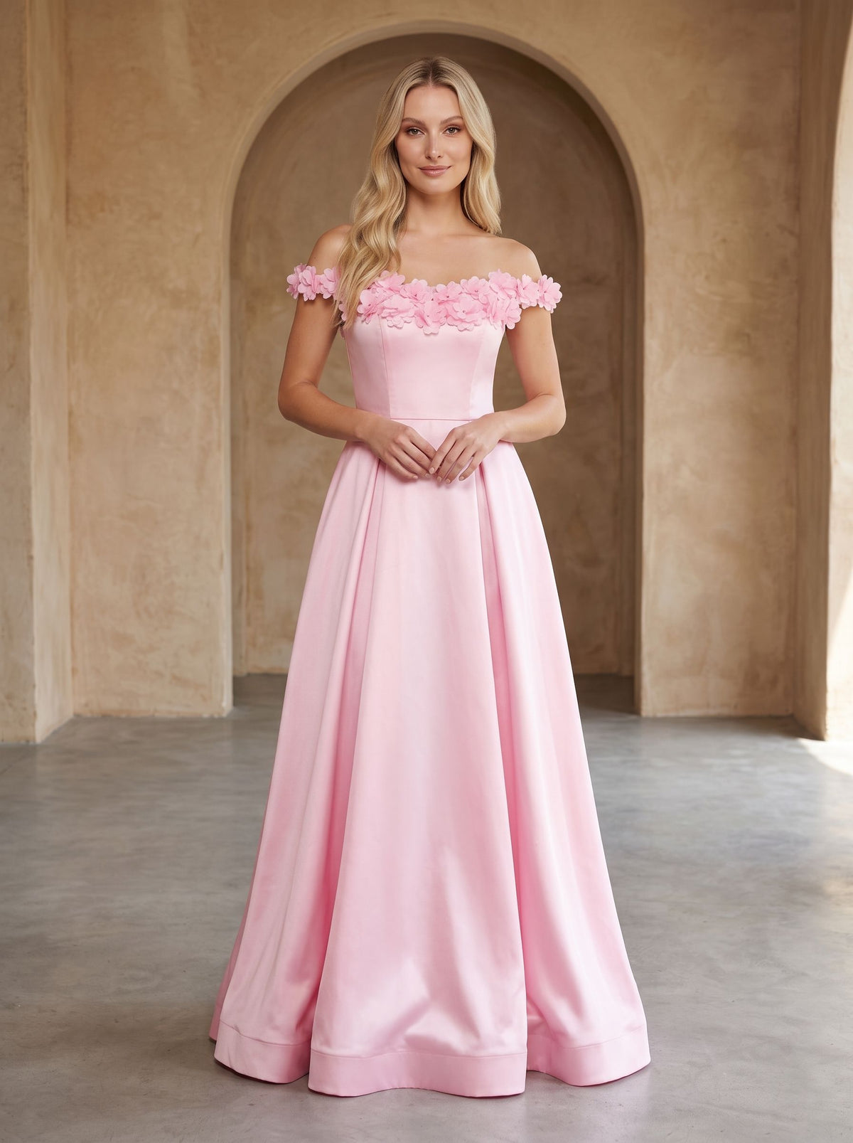 Petal Satin A-Line Off-the-Shoulder Back Zip Floor-Length Dress with 3D Floral Appliques - Curvevia