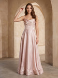 Blushing Pink Satin A-Line Cowl Neck Back Zip Floor-Length Dress with Pleated Bodice - Curvevia