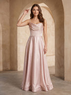 Blushing Pink Satin A-Line Cowl Neck Back Zip Floor-Length Dress with Pleated Bodice - Curvevia