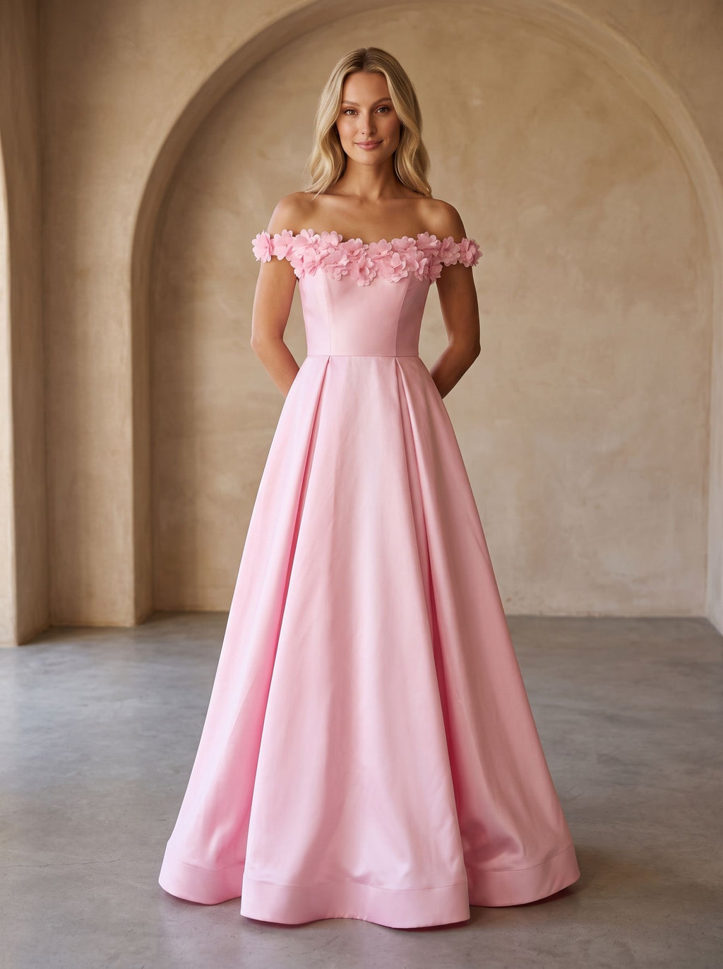 Petal Satin A-Line Off-the-Shoulder Back Zip Floor-Length Dress with 3D Floral Appliques - Curvevia