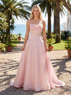 Petal Satin A-Line Straight Neck Backless Floor-Length Dress with Pleated Bodice - Curvevia