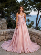Petal Satin A-Line Sweetheart Back Zip Floor-Length Dress with 3D Florals - Curvevia