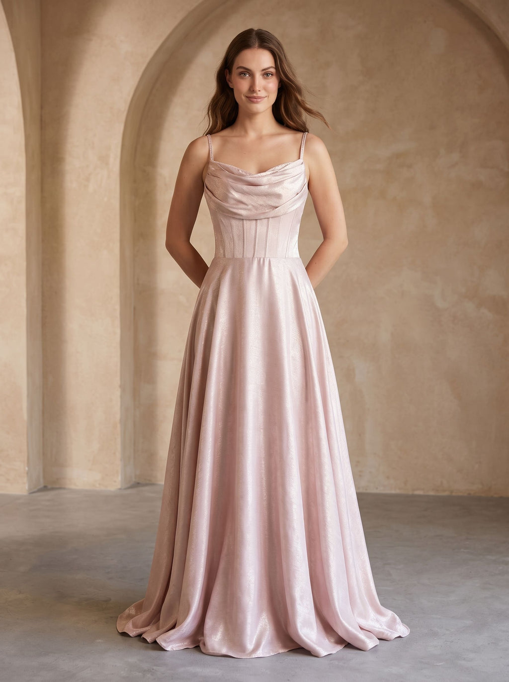 Blushing Pink Satin A-Line Cowl Neck Back Zip Floor-Length Dress with Pleated Bodice - Curvevia