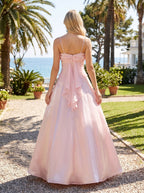 Petal Satin A-Line Straight Neck Backless Floor-Length Dress with Pleated Bodice - Curvevia