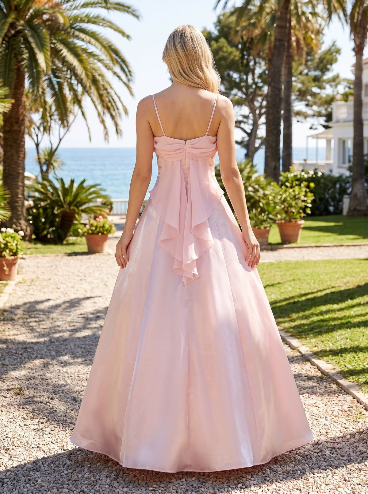 Petal Satin A-Line Straight Neck Backless Floor-Length Dress with Pleated Bodice - Curvevia