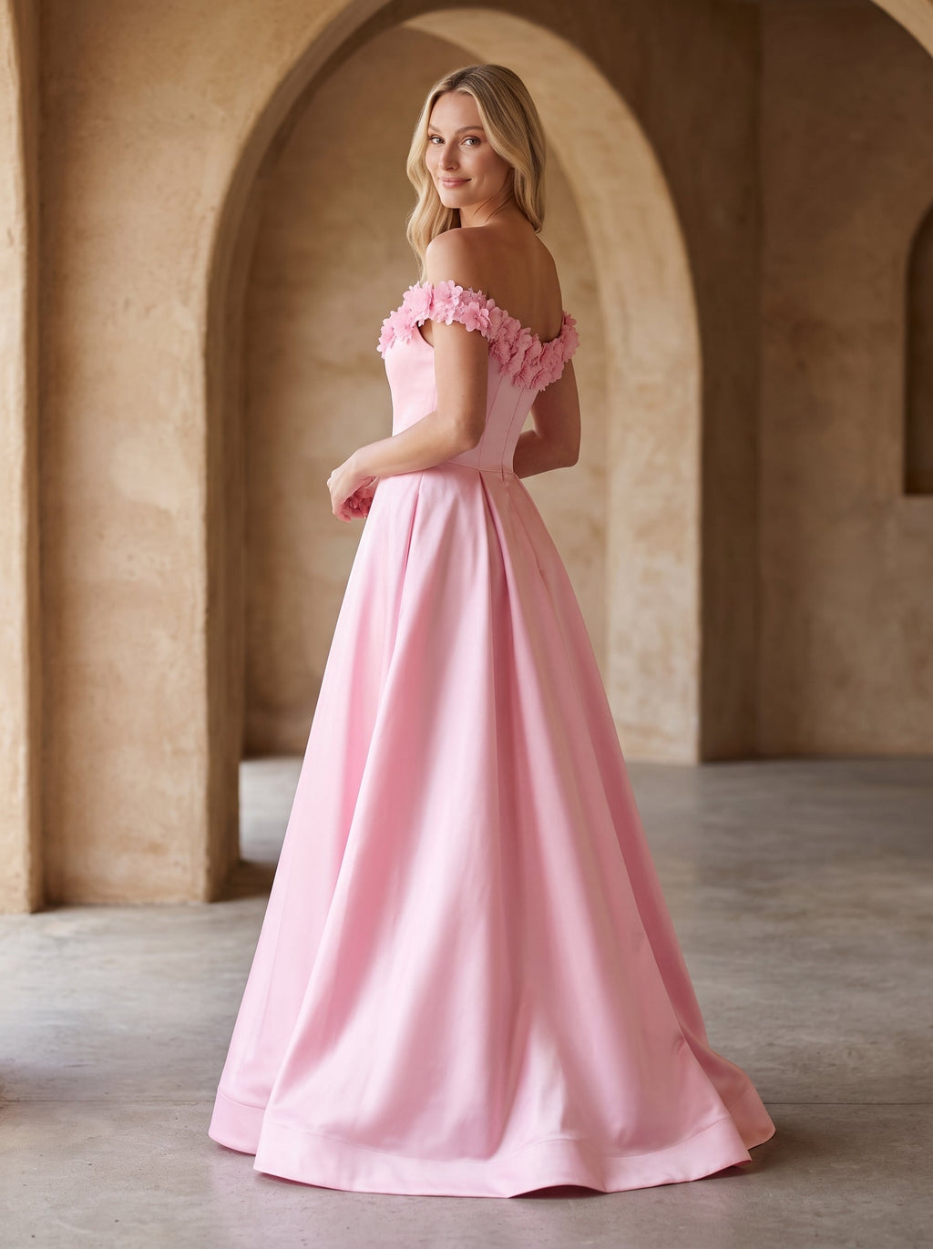 Petal Satin A-Line Off-the-Shoulder Back Zip Floor-Length Dress with 3D Floral Appliques - Curvevia