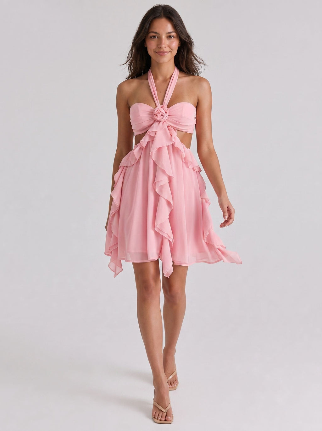 Petal Chiffon A-Line Halter Neckline Backless Short Dress with Ruffles - Curvevia