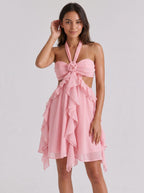 Petal Chiffon A-Line Halter Neckline Backless Short Dress with Ruffles - Curvevia