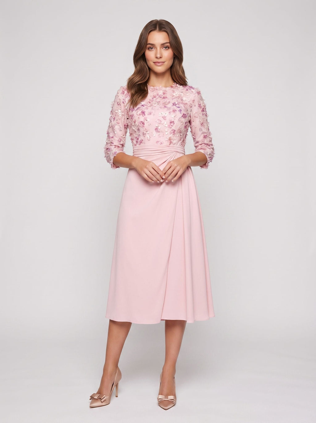 Petal Satin A-Line Scoop Neck Midi Dress with 3D Floral Appliques - Curvevia