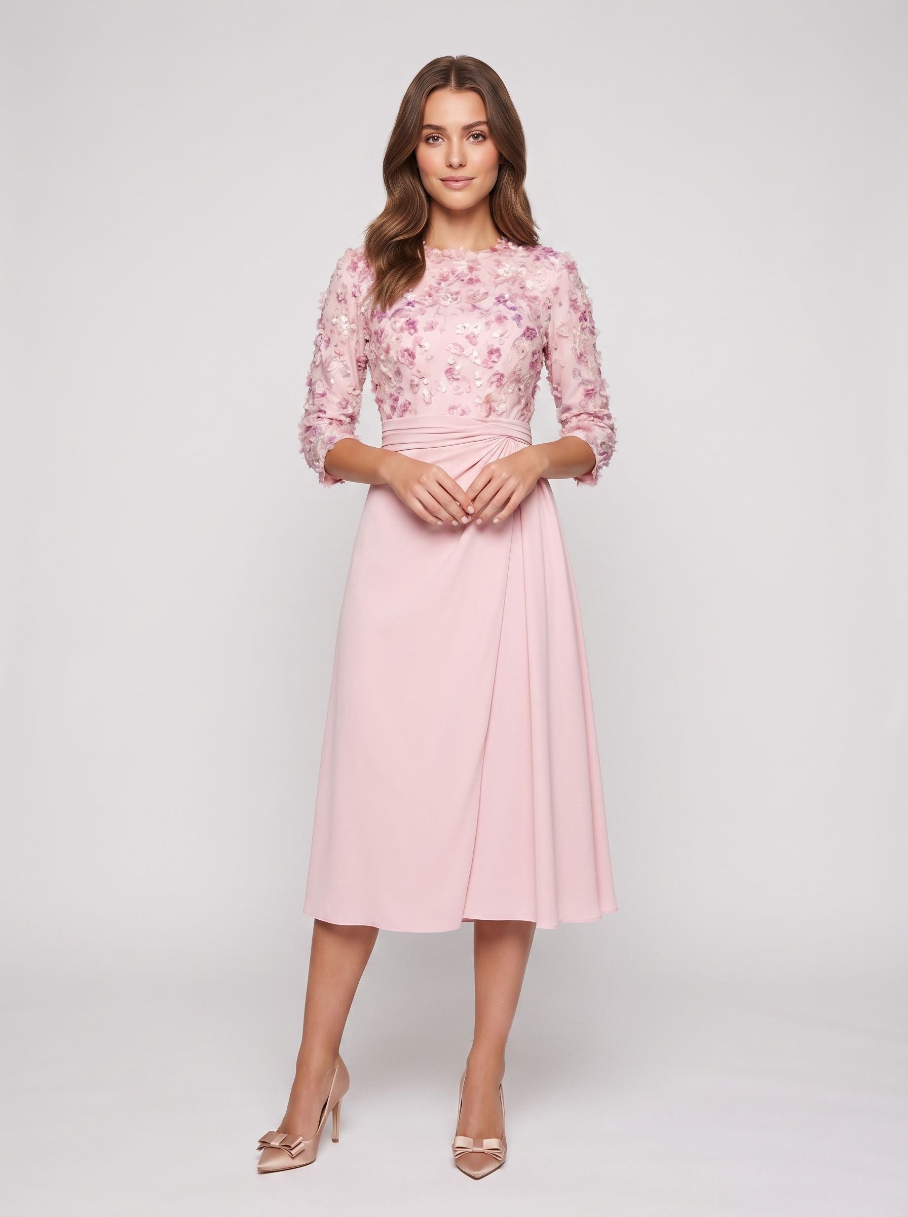 Petal Satin A-Line Scoop Neck Midi Dress with 3D Floral Appliques - Curvevia