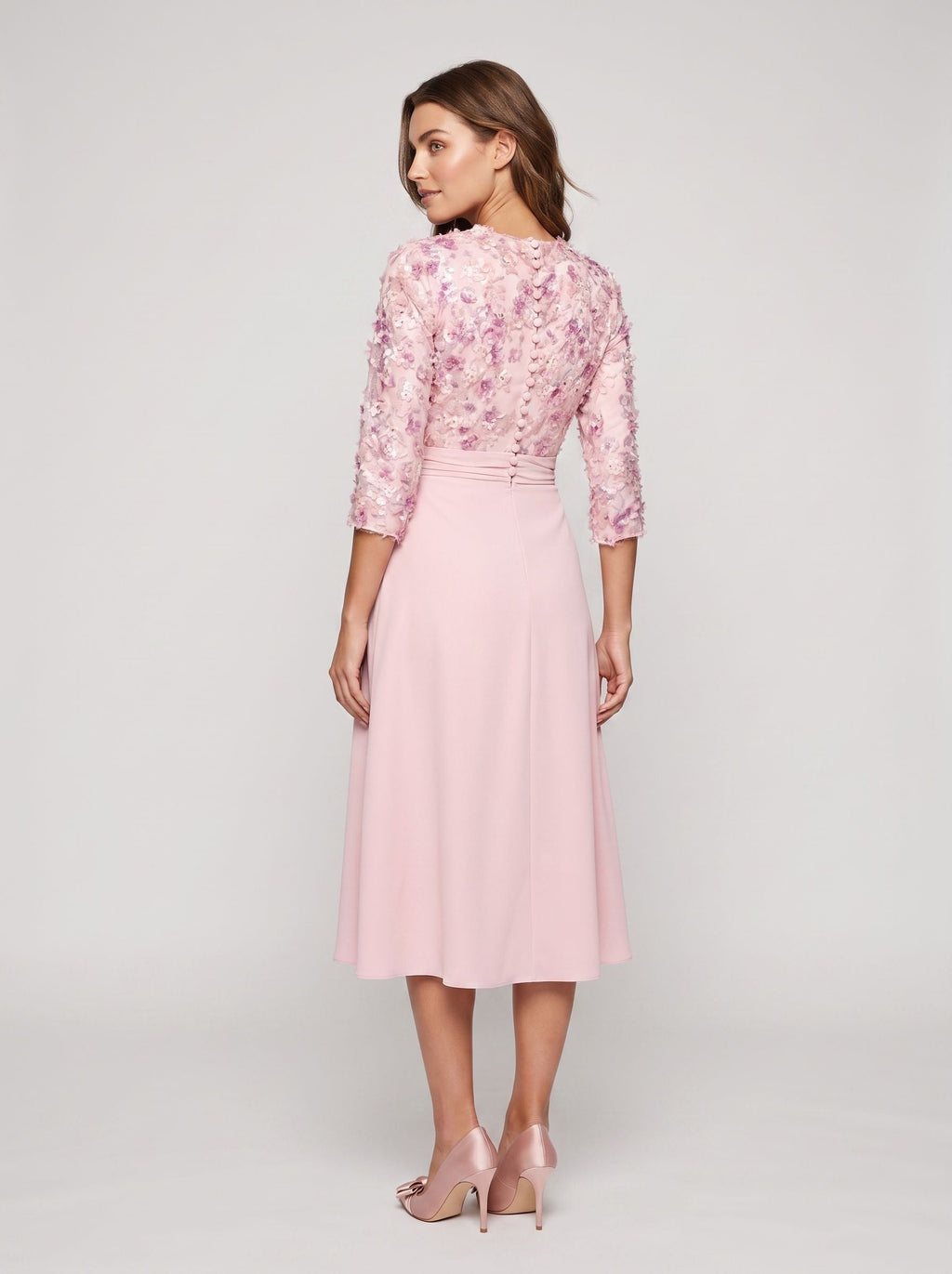 Petal Satin A-Line Scoop Neck Midi Dress with 3D Floral Appliques - Curvevia