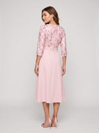 Petal Satin A-Line Scoop Neck Midi Dress with 3D Floral Appliques - Curvevia