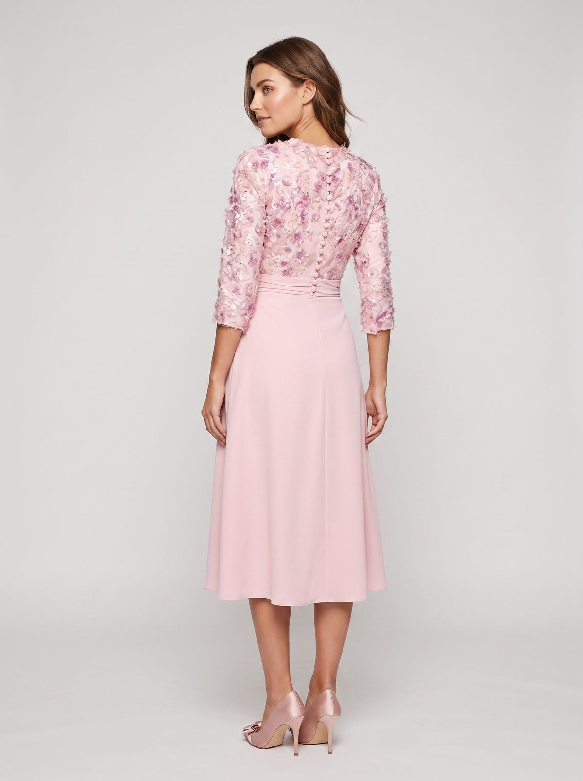 Petal Satin A-Line Scoop Neck Midi Dress with 3D Floral Appliques - Curvevia