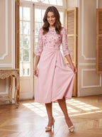 Petal Satin A-Line Scoop Neck Midi Dress with 3D Floral Appliques - Curvevia
