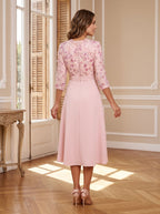 Petal Satin A-Line Scoop Neck Midi Dress with 3D Floral Appliques - Curvevia