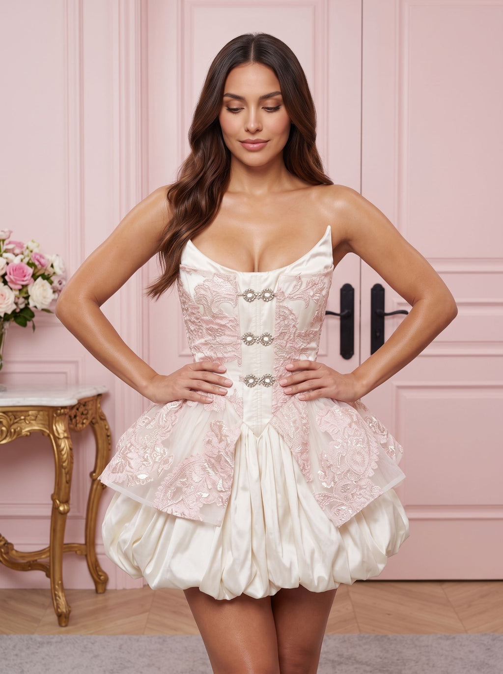 Pink Satin A-Line Scoop Neck Back Zip Short Dress with Embroidered Lace - Curvevia