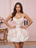 Pink Satin A-Line Scoop Neck Back Zip Short Dress with Embroidered Lace - Curvevia
