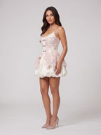 Pink Satin A-Line Scoop Neck Back Zip Short Dress with Embroidered Lace - Curvevia