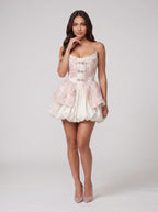 Pink Satin A-Line Scoop Neck Back Zip Short Dress with Embroidered Lace - Curvevia