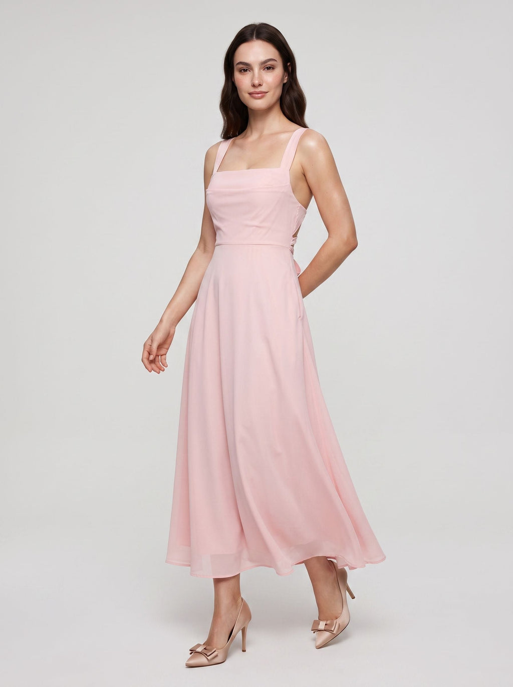 Blushing Pink Satin A-Line Square Neck Lace-up Floor-Length Dress with Pockets - Curvevia